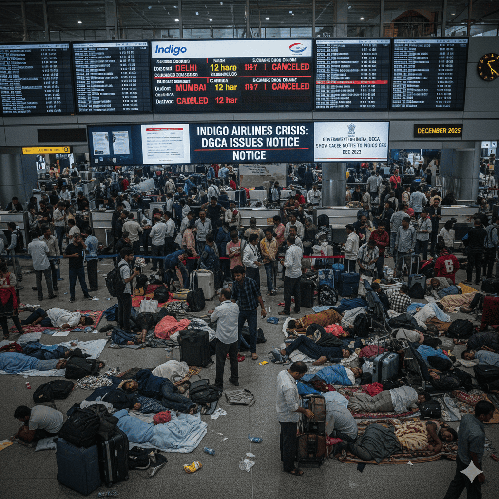 IndiGo Airlines સંકટ 2025: DGCA Notice, Flight રદ, મુસાફરોની મુશ્કેલી અને બજાર પર અસર